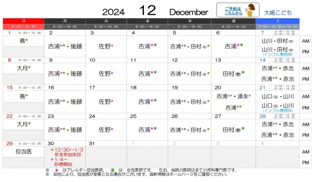 2024年12月 大崎【HP用 医師担当表】20241121差替え